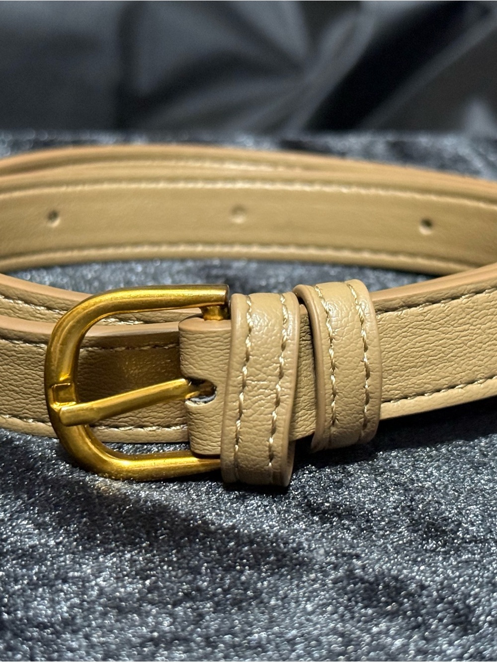 Kids size small tan faux leather belt with gold buckle